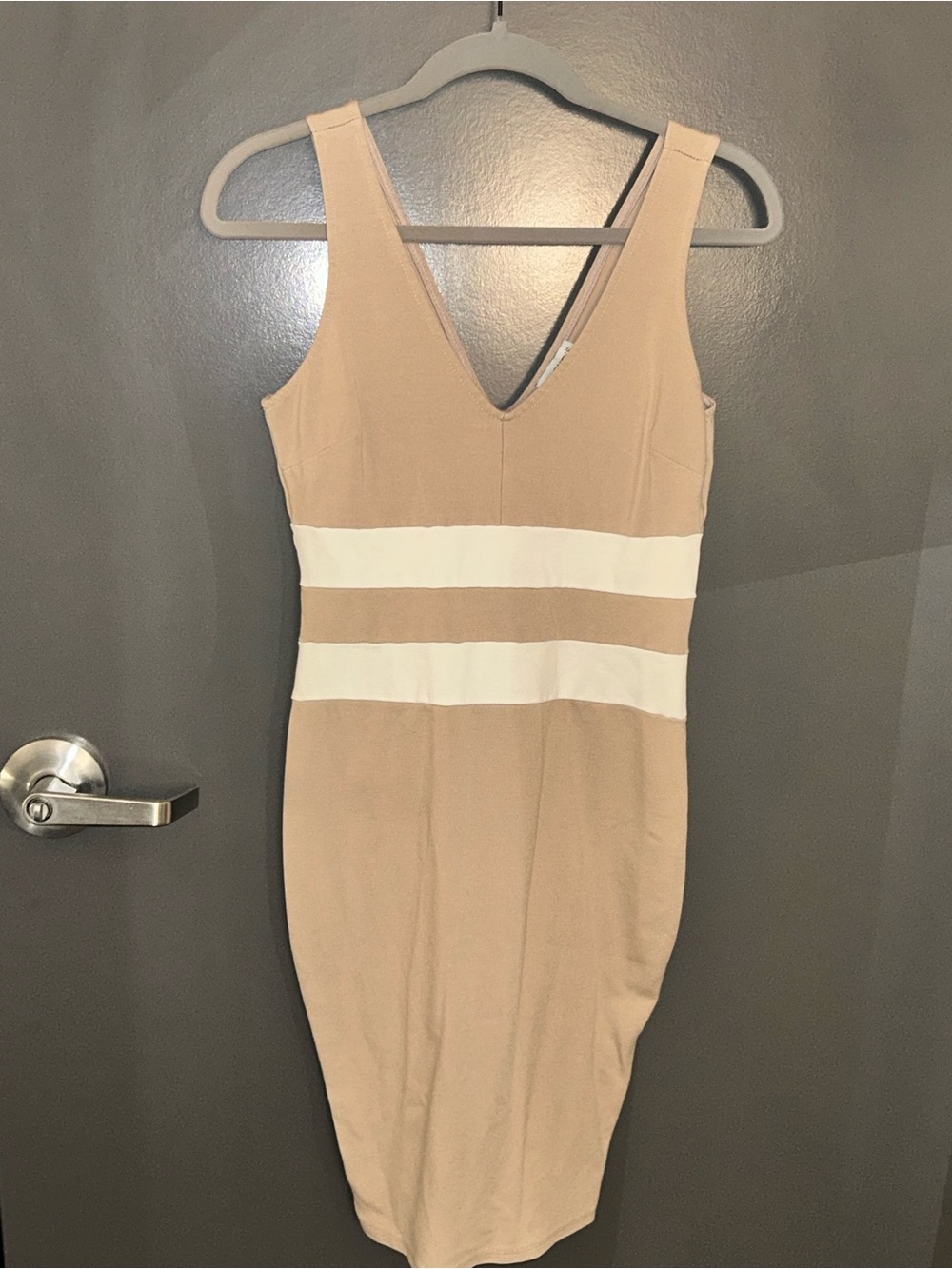 Guess V-Neck Bodycon Dress in Beige with White Stripes